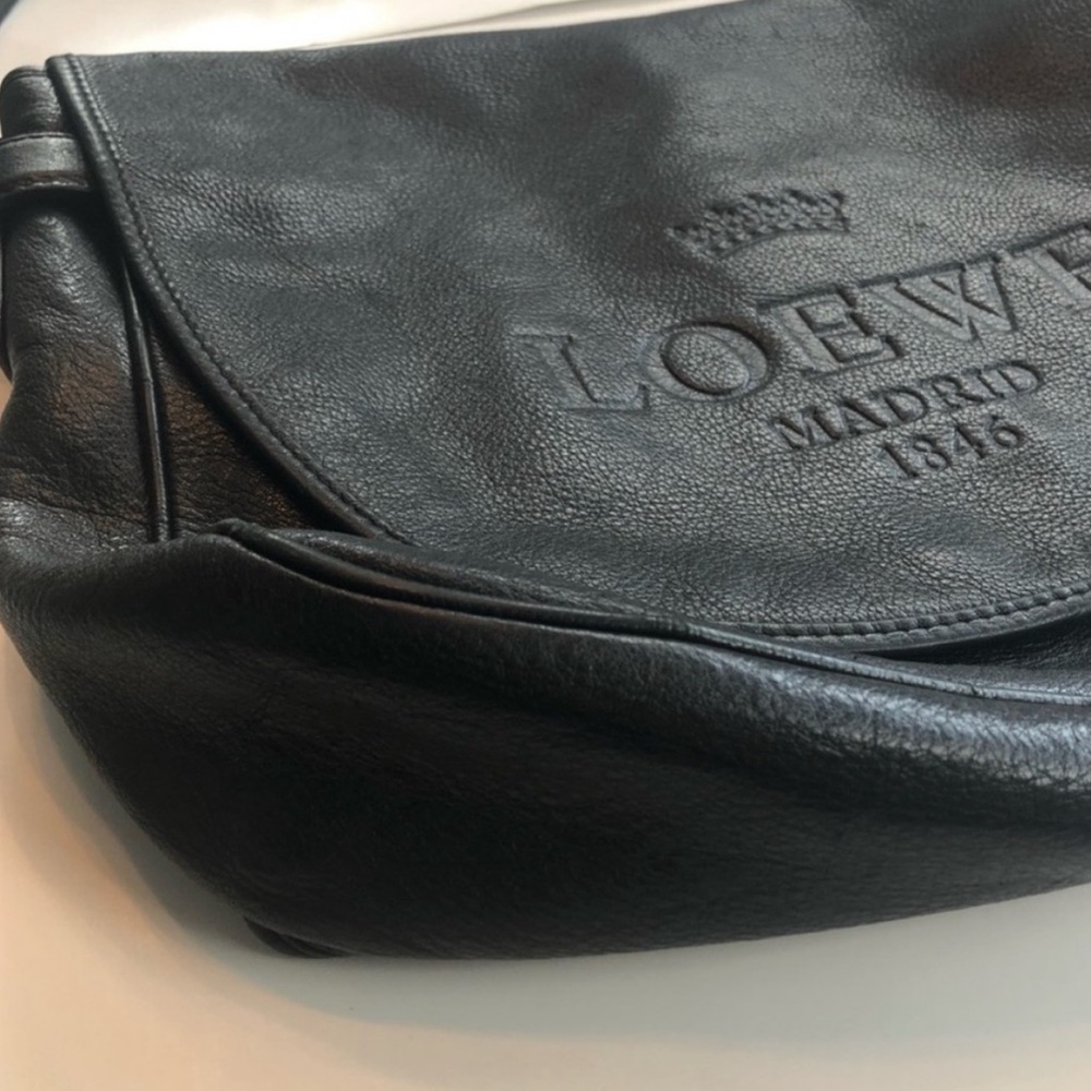 Vintage Loewe Heritage Messenger Bag Black Leather XL Logo Crossbody Spain - Picture 11 of 14